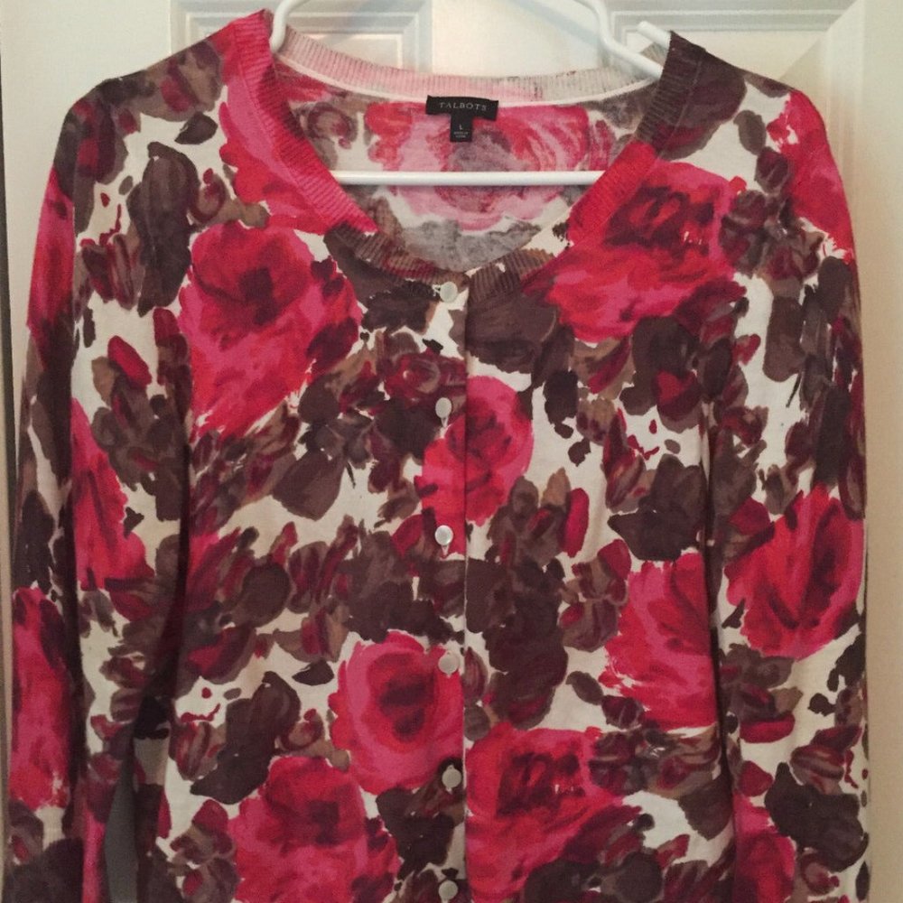 TALBOTS pink brown ROSES cardigan sweater large L - EUC
